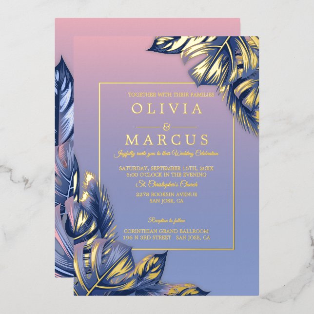 Invitation En Aluminium Mariage | Rose Poussiéreux Bleu Poussiéreux Feuill (Recto/Verso)