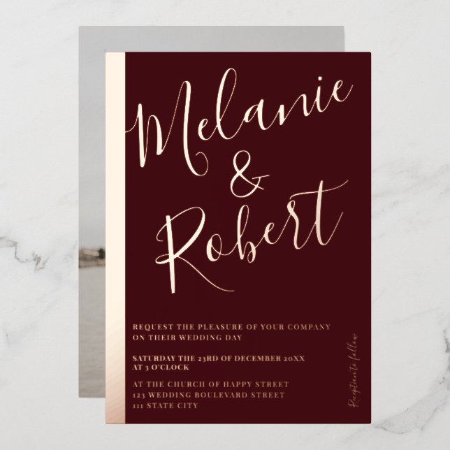 Invitation En Aluminium Mariage rouge moderne photo rose or strié (Recto/Verso)