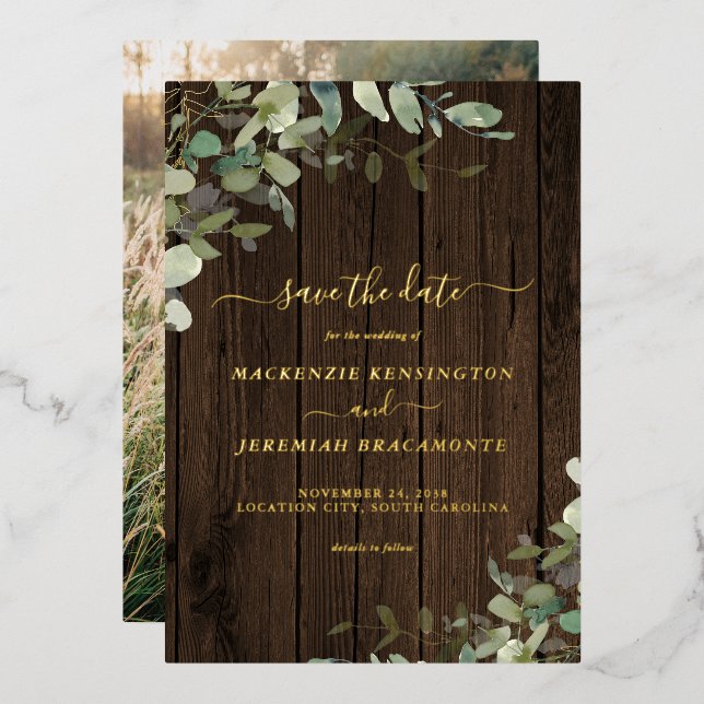 Invitation En Aluminium Mariage rustique vert bois Enregistrer la date (Recto/Verso)