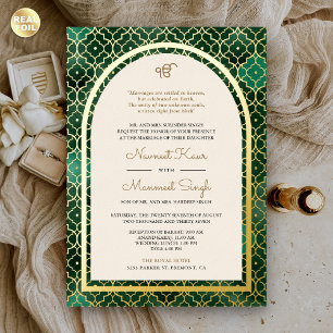Invitation En Aluminium Mariage Sikh Arc Motif Marocain Émeraude Or