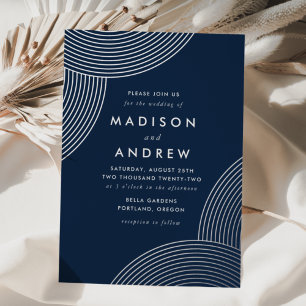 Invitation En Aluminium Mariage Tourbillons Géométriques Bleu Marine et Ar