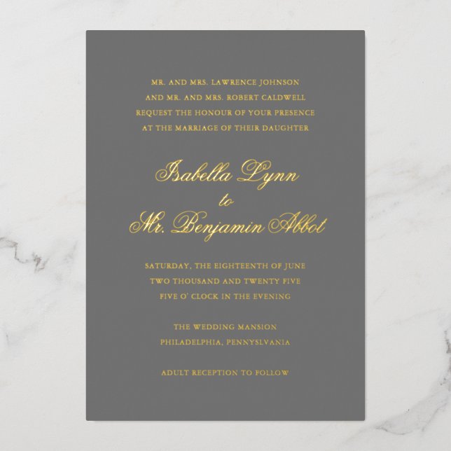Invitation En Aluminium Mariage traditionnel gris formel élégant (Recto)