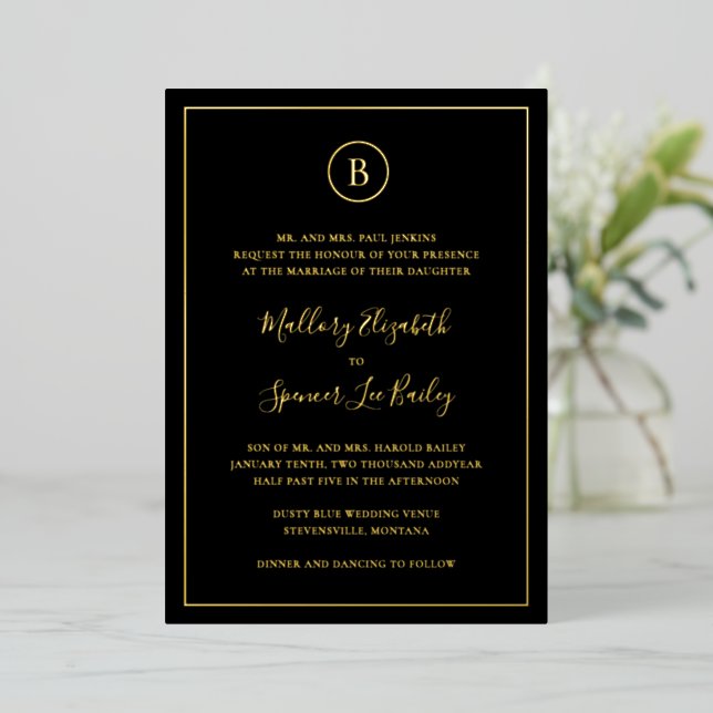Invitation En Aluminium Mariage traditionnel noir élégant (Debout devant)
