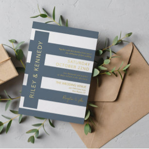 Invitation En Aluminium Mariage Typographie Moderne Rayures Bleu Ardoise O