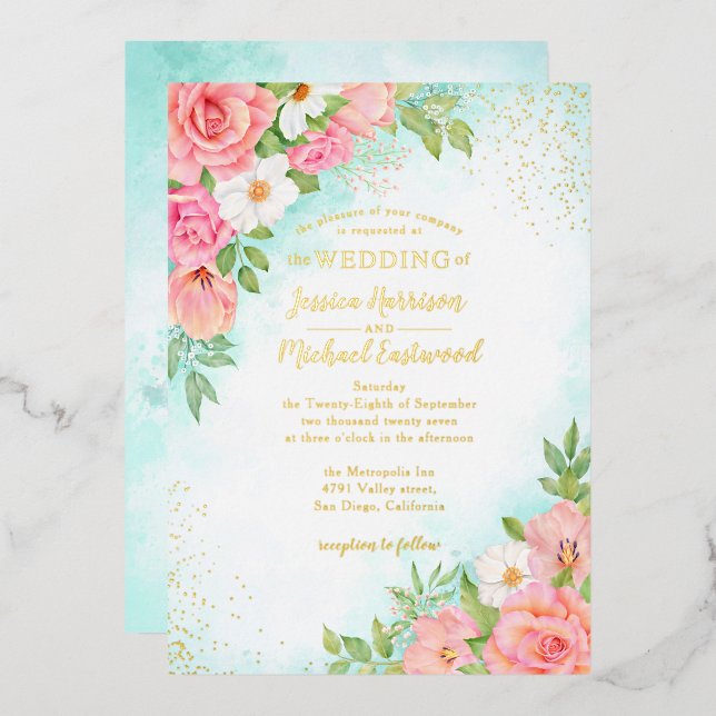 Invitation En Aluminium Mariage végétal rose rose or Turquoise (Recto/Verso)