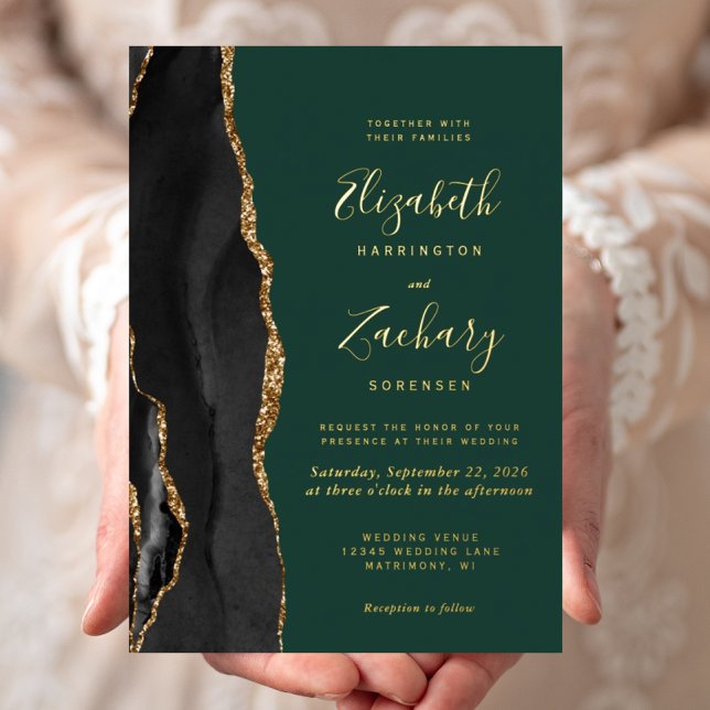 Invitation En Aluminium Mariage vert Emerald Agate Black Gold (Créateur téléchargé)