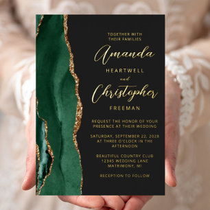 Invitation En Aluminium Mariage vert émeraude or script sombre Agate