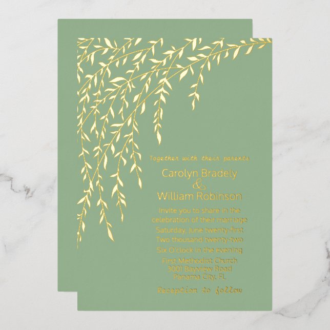 Invitation En Aluminium Mariage Vert Sage clair Gold Wilds (Recto/Verso)
