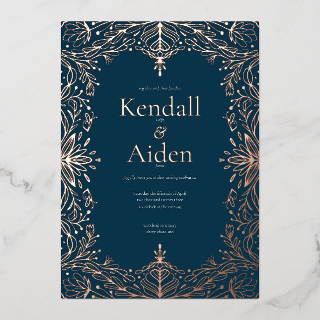Invitation En Aluminium Mariage Whimsical Rose bleu marine (Devant)