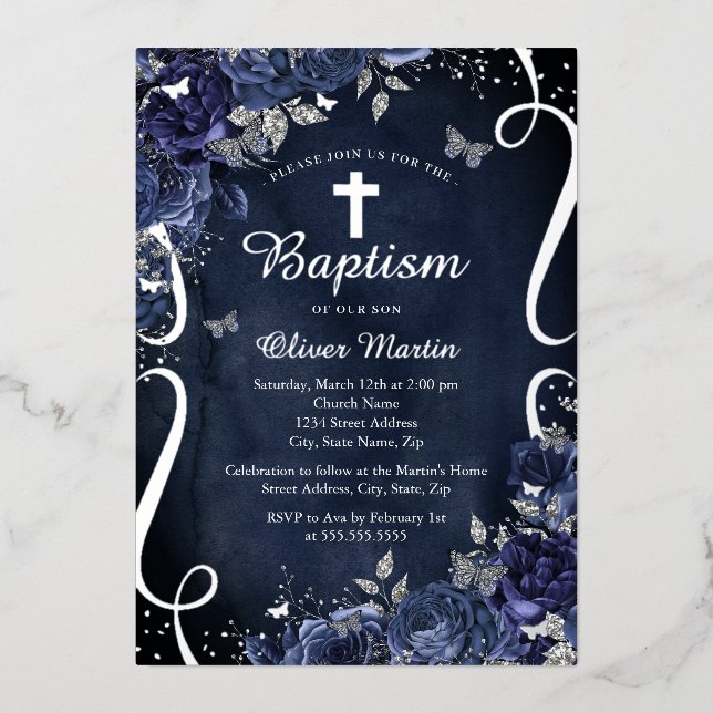 Invitation En Aluminium Marine Argent Floral Papillon Garçon Baptême (Recto)