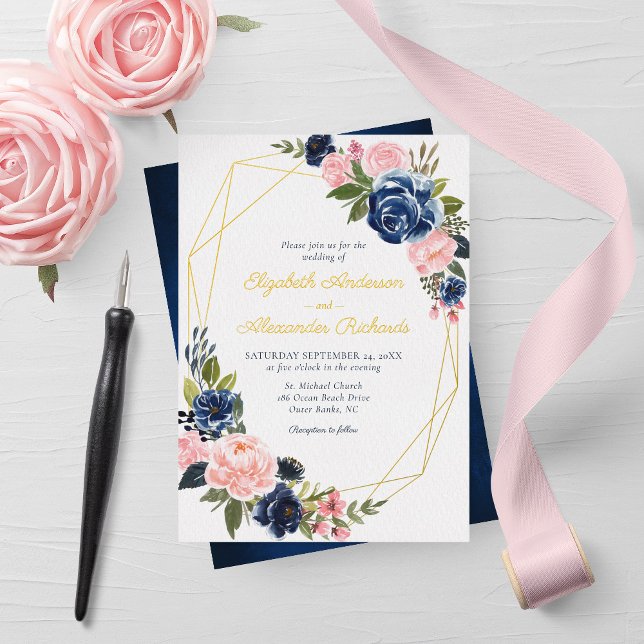 Invitation En Aluminium Marine bleu Blush Floral Mariage Or géométrique (Créateur téléchargé)