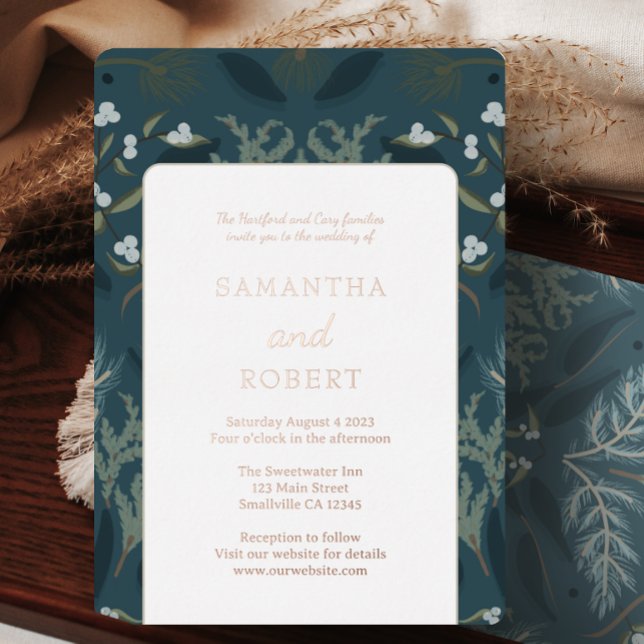 Invitation En Aluminium Marine Bleu Botanique Blanc Mariage d'hiver (Créateur téléchargé)