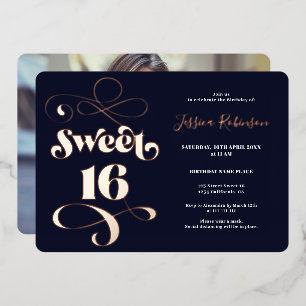 Invitation En Aluminium Marine bleu rétro script photo Sweet 16 rose or