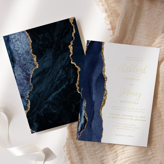 Invitation En Aluminium Marine Blue Gold Agate Mariage moderne (Créateur téléchargé)