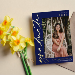 Invitation En Aluminium Marine Blue Gold Calligraphie Photo Graduation