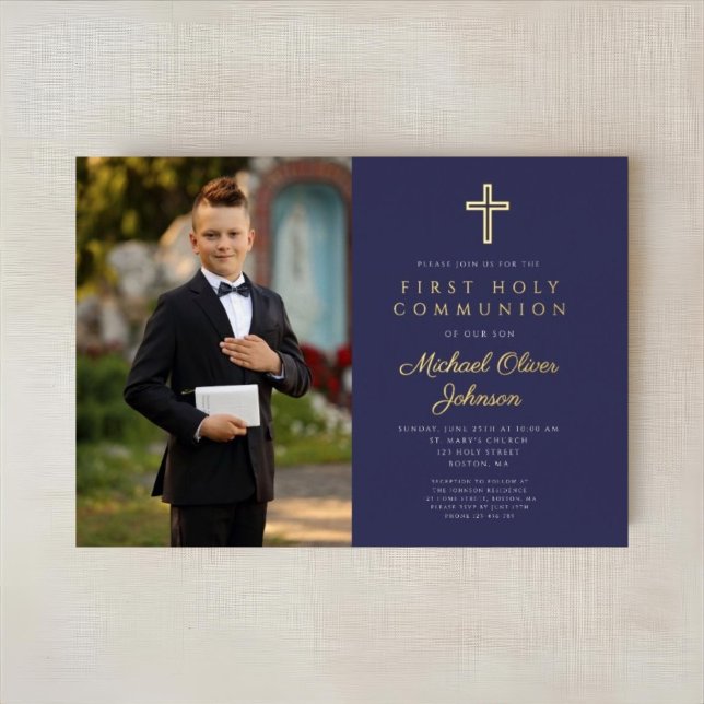 Invitation En Aluminium Marine Blue Gold Script Boy Photo First Communion (Navy Blue Gold Script Boy Photo First Communion Foil Invitation)