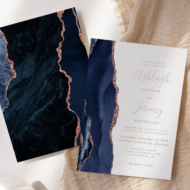 Invitation En Aluminium Marine Blue Rose Gold Agate Mariage moderne (Créateur téléchargé)