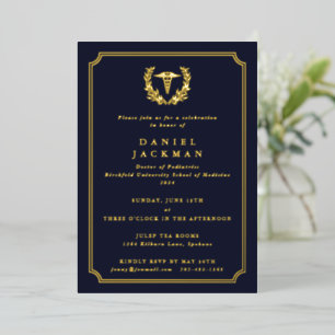 Invitation En Aluminium Marine Caduceus+Laurel École Médicale