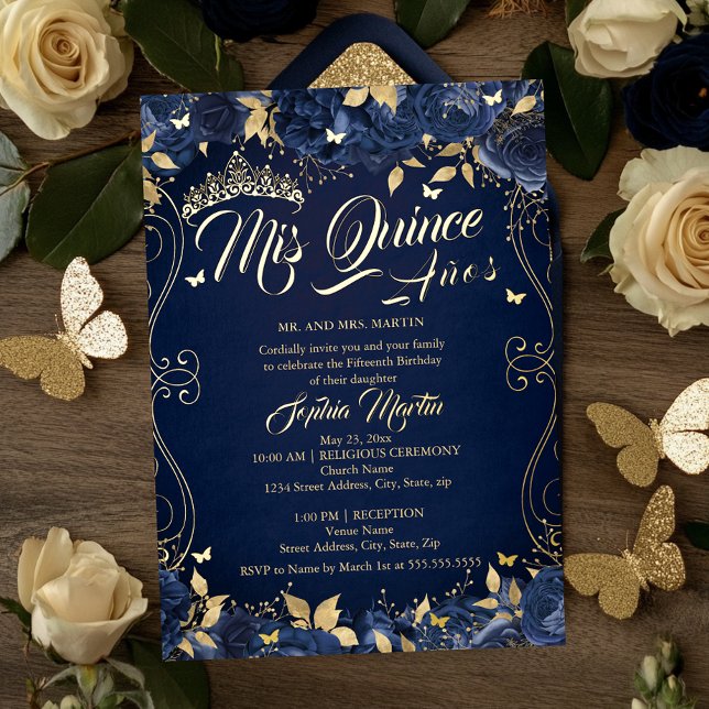 Invitation En Aluminium Marine Floral Garden Gold Mis Quince Quinceanera (Créateur téléchargé)