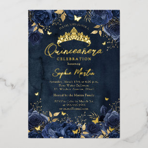 Invitation En Aluminium Marine Gold Enchantant Floral Butterfly Quinceaner
