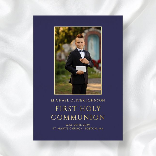 Invitation En Aluminium Marine moderne Blue Photo Boy First Communion Gold (Navy Blue Photo Boy First Holy Communion Gold Foil Invitation)