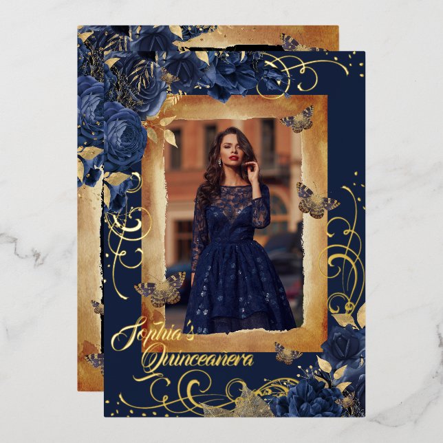 Invitation En Aluminium Marine Quinceanera Photo Rose Gold Butterfly (Recto/Verso)