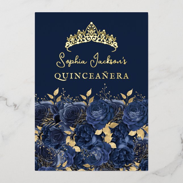 Invitation En Aluminium Marine Rose Floral Or Quinceanera (Recto)