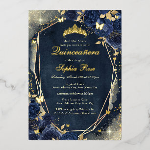 Invitation En Aluminium Marine Sparkle Gold Floral Butterfly Quinceanera