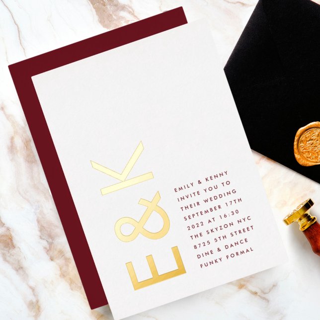 Invitation En Aluminium Maroon de Bourgogne moderne VRAI OR Mariage Monogr (Créateur téléchargé)