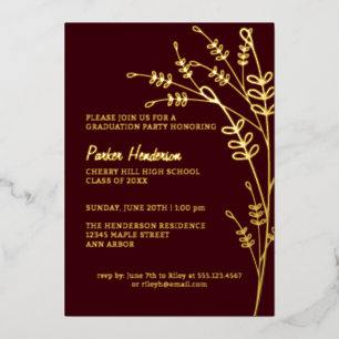 Invitation En Aluminium Maroon et Gold Modern Floral Graduation Party