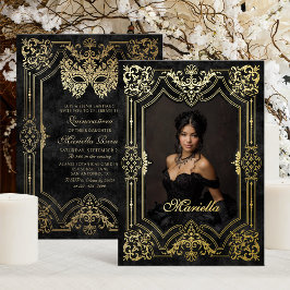 Invitation En Aluminium Mascarade en or noir photo Quinceanera