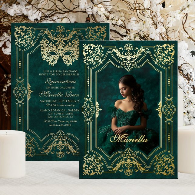 Invitation En Aluminium Mascarade en or vert photo Quinceanera (Créateur téléchargé)