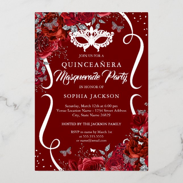 Invitation En Aluminium Mascarade florale en argent rouge Quinceanera (Recto)