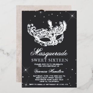 Invitation En Aluminium Mascarade gris argent masque parties scintillant S