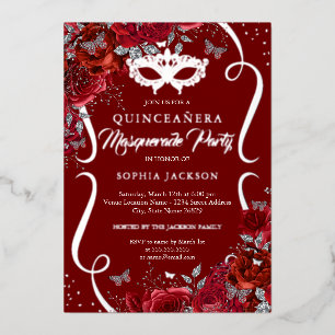 Invitation En Aluminium Mascarade Quinceanera Fleurie Rouge Argent Défilé