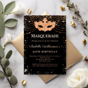Invitation En Aluminium Mascarade rose noire or luxe fête d'anniversaire