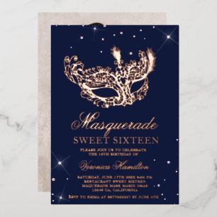 Invitation En Aluminium Mascarade rose or masque parties scintillant Swee