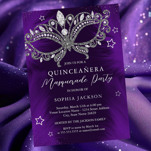 Invitation En Aluminium Mascarade violet argent Star Quinceanera (Créateur téléchargé)