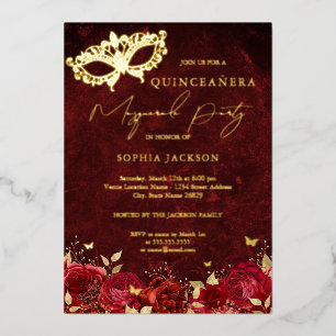Invitation En Aluminium Masque de l'Or Rouge Fête de Mascarade Rose Quince