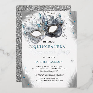 Invitation En Aluminium Masque Papillon Mascarade Argent Bleu Quinceanera