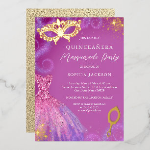Invitation En Aluminium Masquerade fête rose violet robe Quinceanera