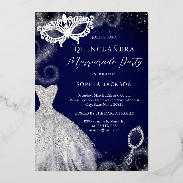 Invitation En Aluminium Masquerade Party Marine Robe en argent Quinceanera (Recto)