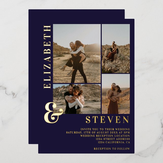 Invitation En Aluminium Matrice bleue marine 4 grille photo or mariage (Recto/Verso)