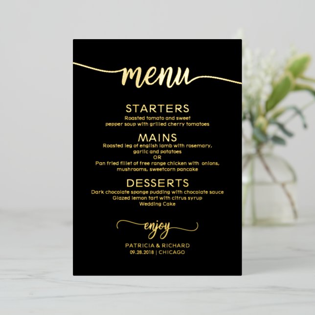 Invitation En Aluminium Menus de mariage élégant Gold noir (Debout devant)