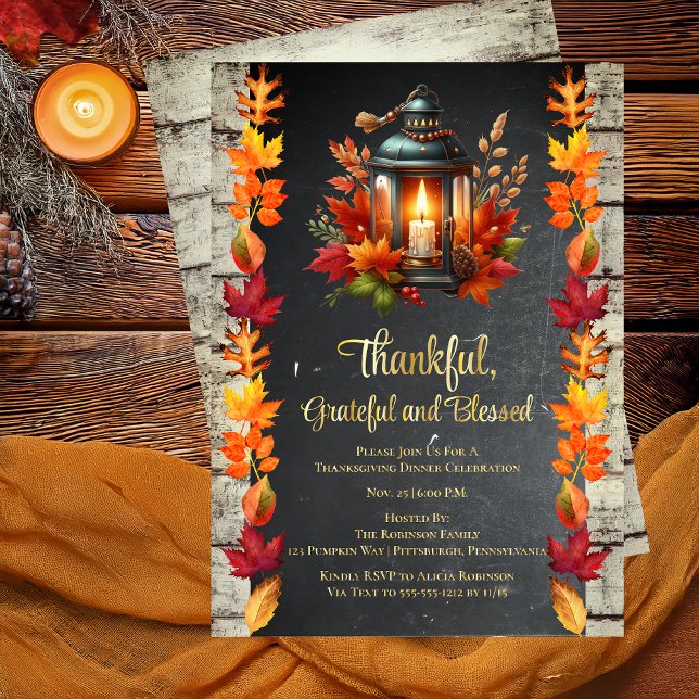Invitation En Aluminium Merci Grateful and Blesseful Thanksgiving Dîner ("Thankful, Grateful and Blessed" Candlelit Lantern with Autumn | Fall Leaves Thanksgiving Invitation)