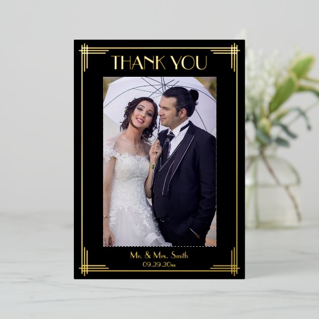 Invitation En Aluminium Merci Mariage Art déco Real Gold Foil (Debout devant)