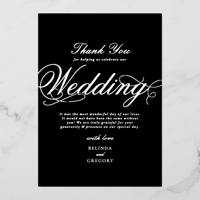 Invitation En Aluminium Merci Mariage noir véritable à huile d'argent (Recto)