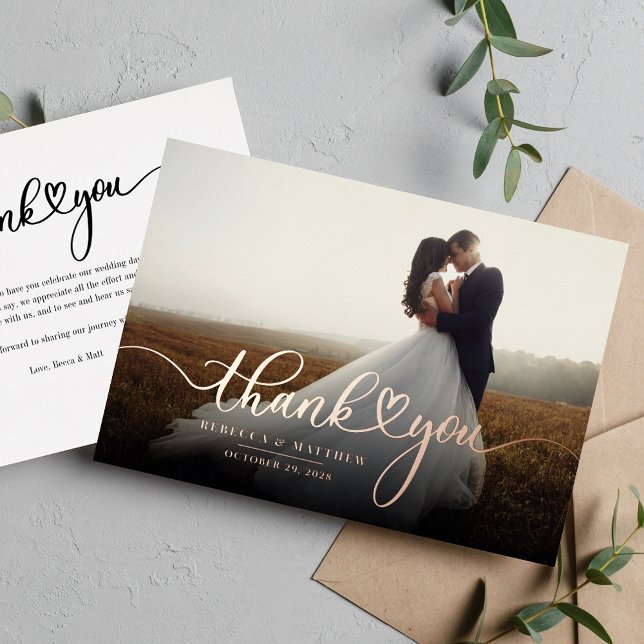 Invitation En Aluminium Merci photo Mariage manuscrit Rose or (Wedding Day Photo Rose Gold Foil Thank You Card)