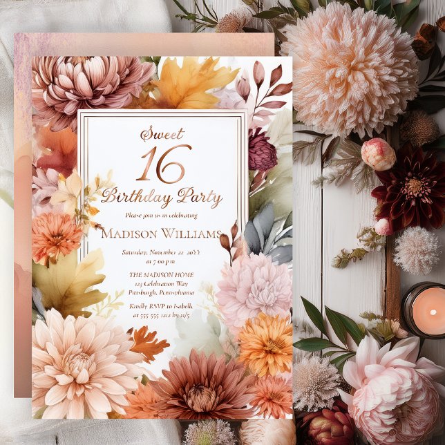 Invitation En Aluminium Mères | Peonies Floral Sweet 16 Anniversaire (Elegant Boho Chrysanthemums and Peonies Floral Sweet 16 Birthday Party Invitation - Rose Gold Foil)