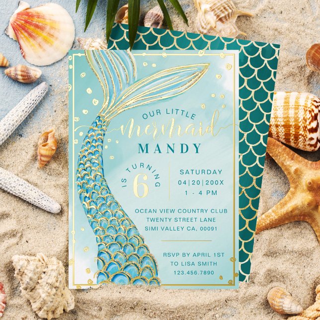 Invitation En Aluminium Mermaid Tail Under the Sea Aqua & Gold Birthday (Créateur téléchargé)